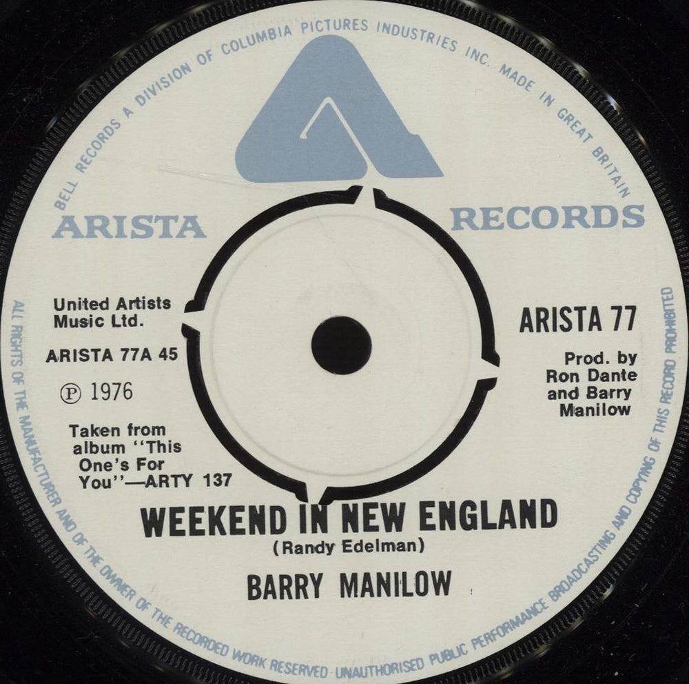 Barry Manilow Weekend In New England UK 7" vinyl single (7 inch record / 45) ARISTA77