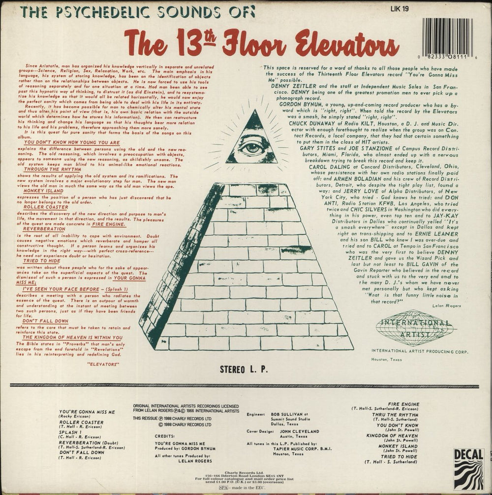 13th Floor Elevators The Psychedelic Sounds Of - VG UK vinyl LP album (LP record) 082333081116