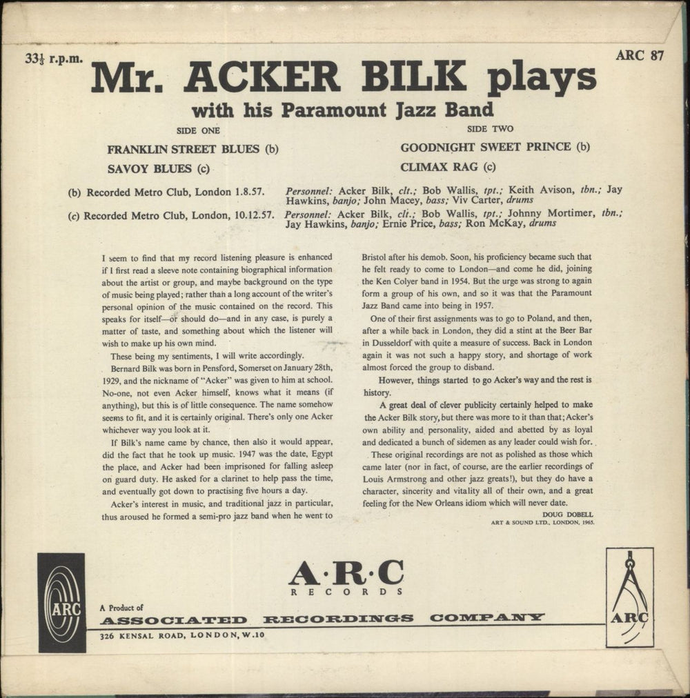 Acker Bilk Franklin Street Blues UK 7" vinyl single (7 inch record / 45)
