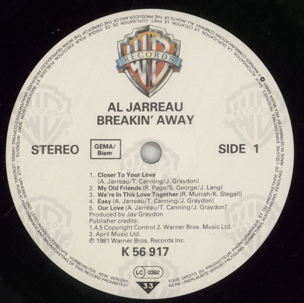 Al Jarreau Breakin' Away German vinyl LP album (LP record) AJRLPBR860586