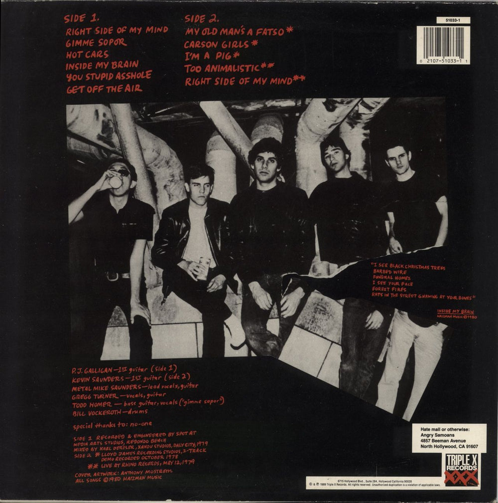 Angry Samoans Inside My Brain US vinyl LP album (LP record) 021075103311