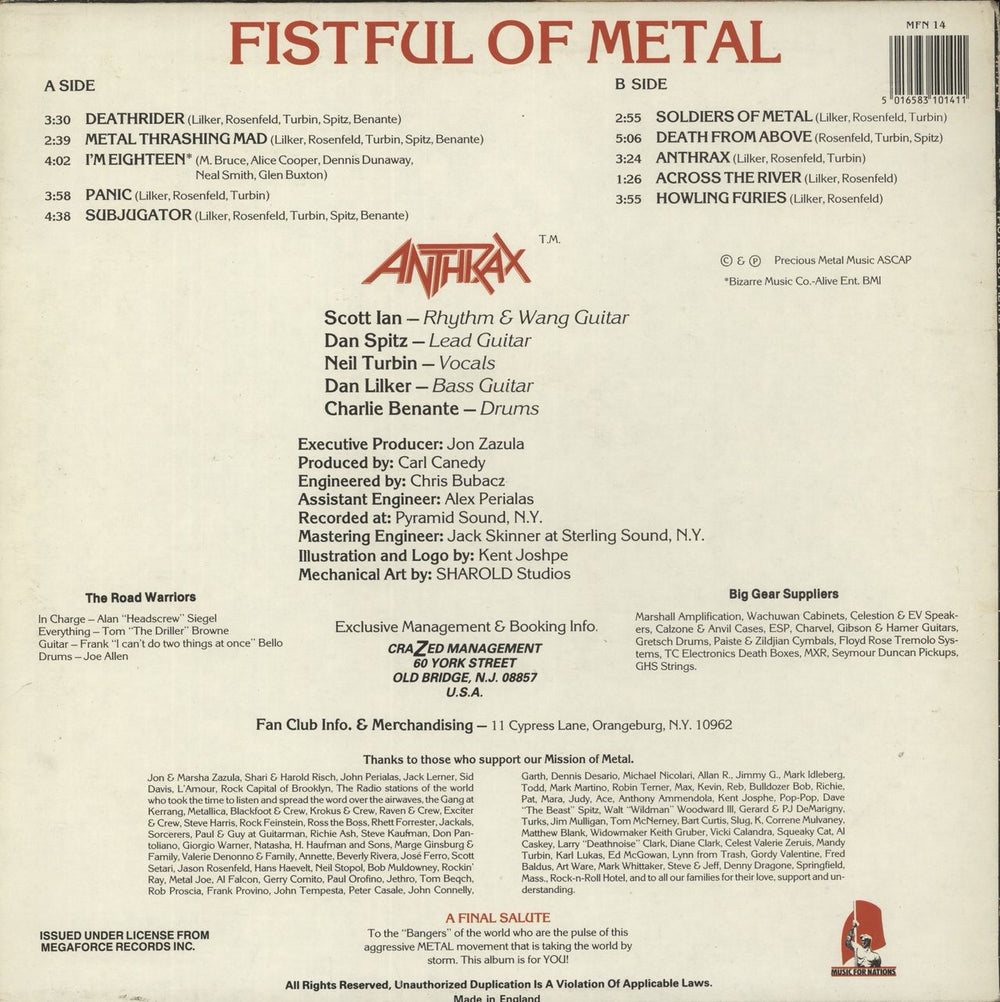 Anthrax Fistful Of Metal - EX UK vinyl LP album (LP record)