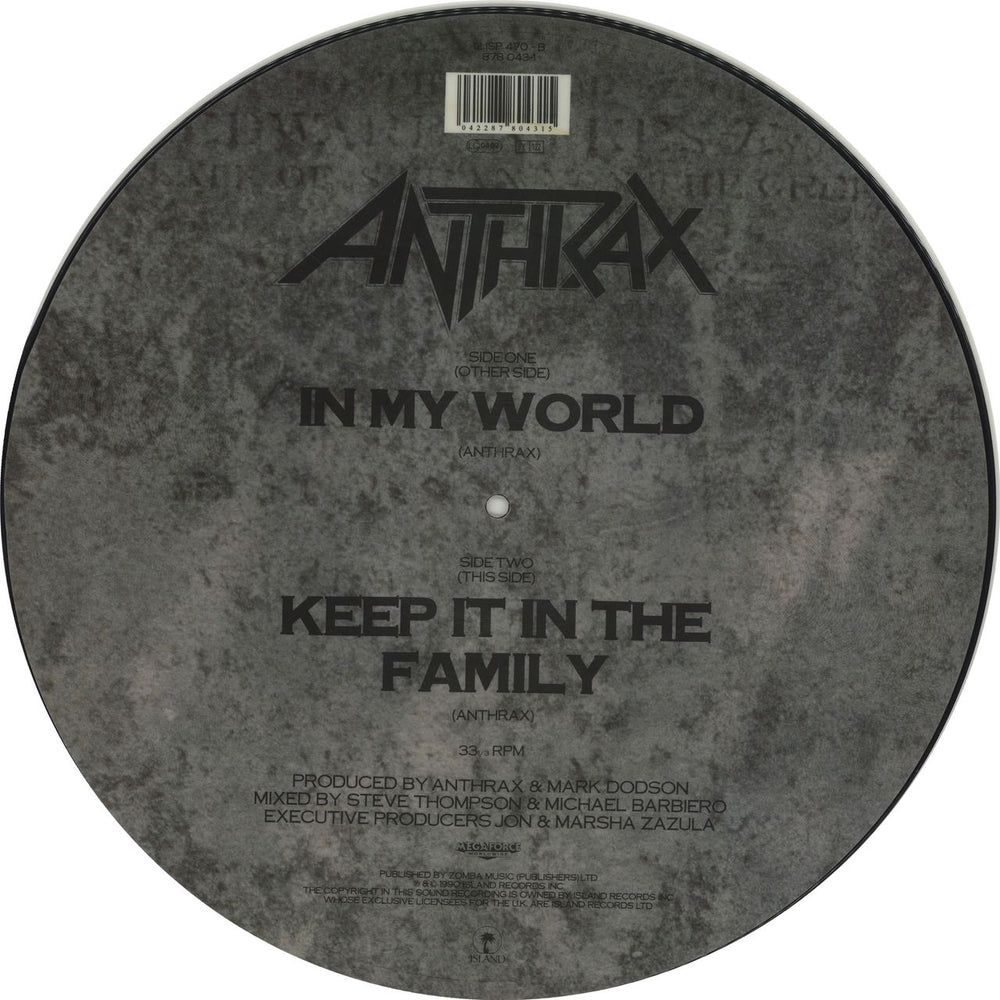 Anthrax In My World UK 12" vinyl picture disc (12 inch picture record) ANX2PIN00425