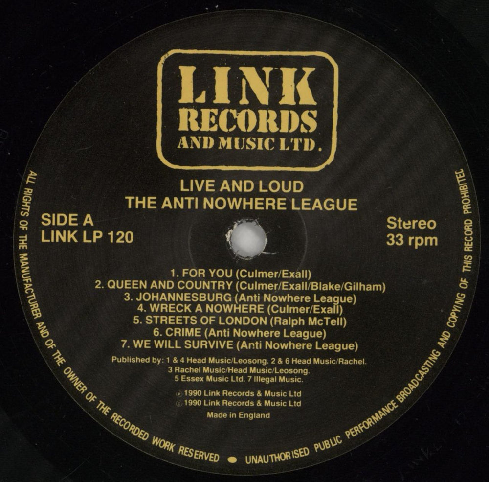 Anti-Nowhere League Live And Loud!! UK vinyl LP album (LP record) A-NLPLI860355