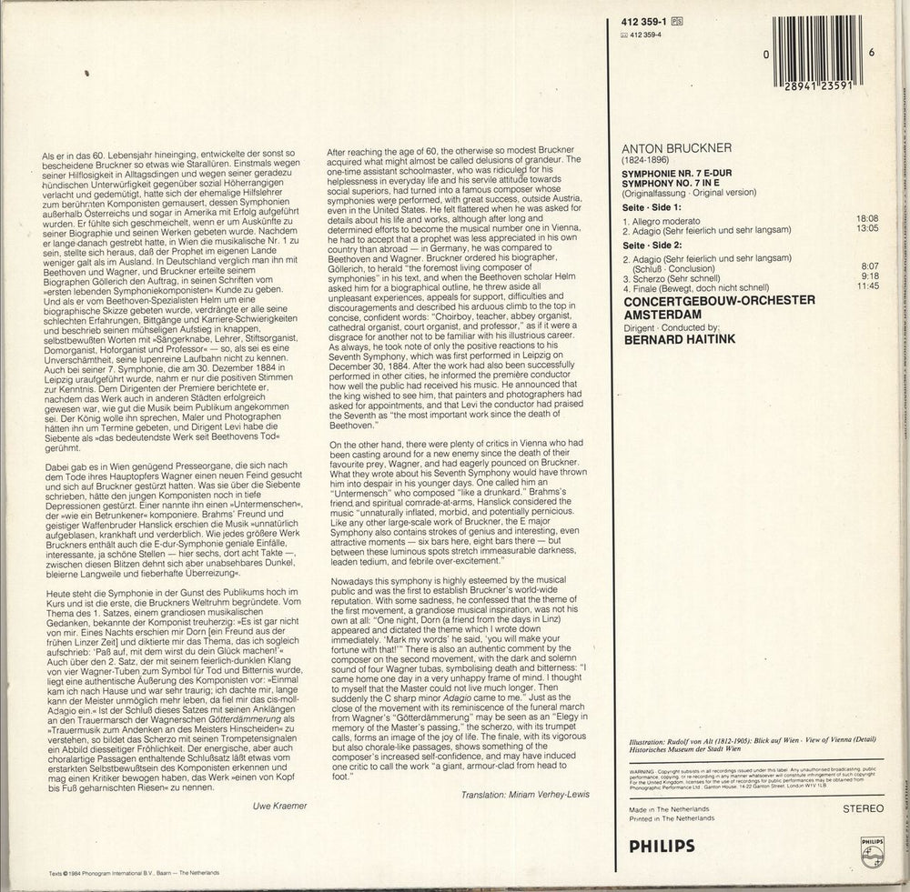 Anton Bruckner Symphonie Nr. 7 Dutch vinyl LP album (LP record) 028941235916