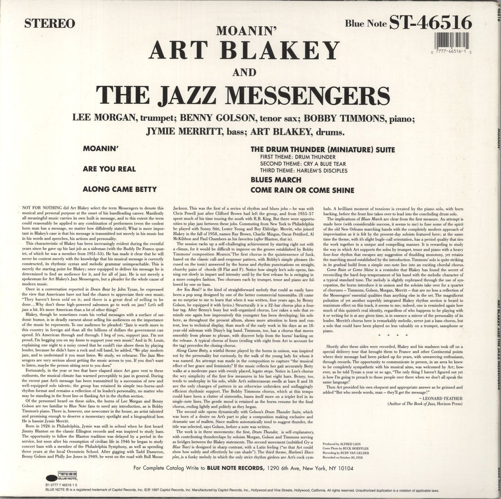 Art Blakey & The Jazz Messengers Moanin' - 180gm US vinyl LP album (LP record) AB4LPMO541896