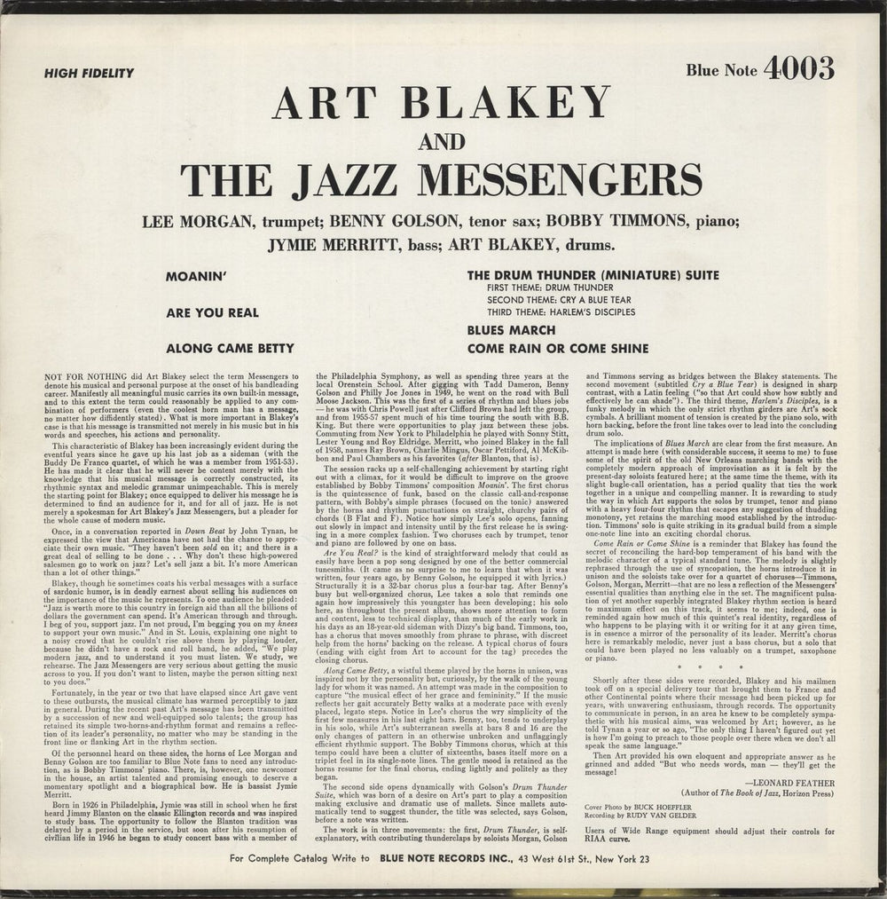 Art Blakey & The Jazz Messengers Moanin' - West 63rd - DG - VG US vinyl LP album (LP record)
