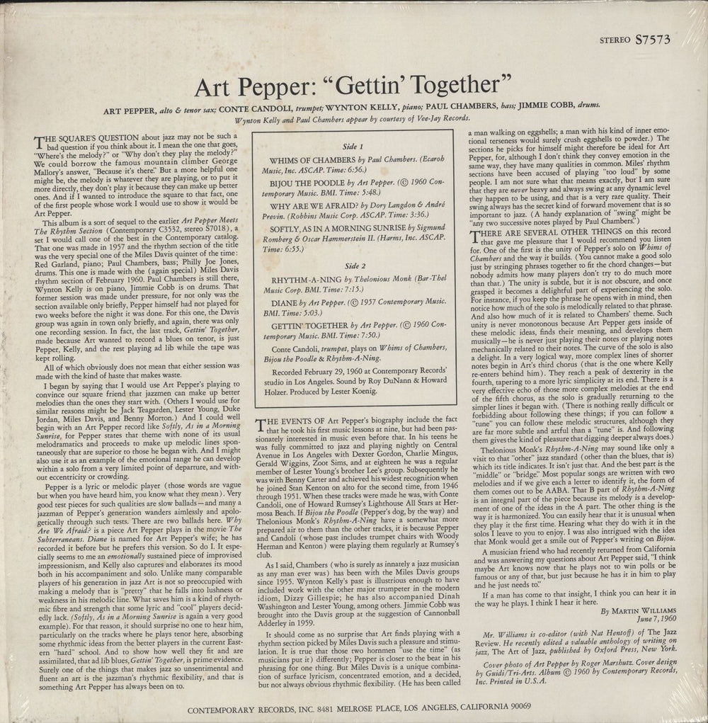Art Pepper Gettin' Together US vinyl LP album (LP record)