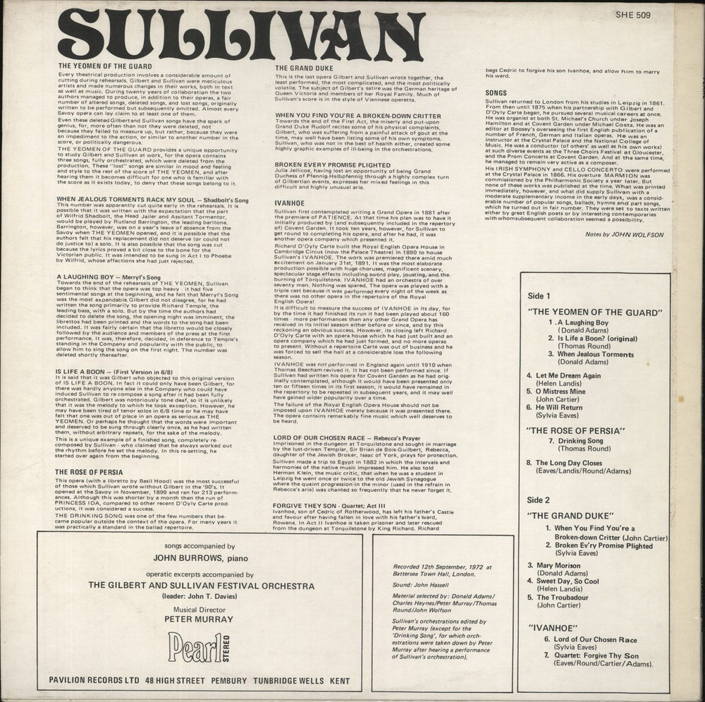 Arthur Sullivan Sullivan UK vinyl LP album (LP record)