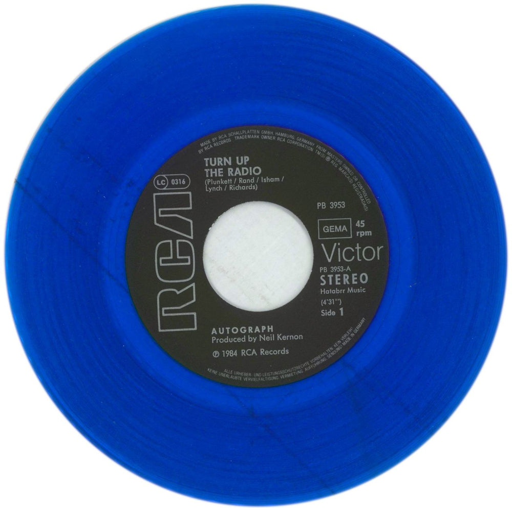 Autograph (Metal) Turn Up The Radio - Blue Vinyl + Press Sheet German 7" vinyl single (7 inch record / 45) IU407TU866255