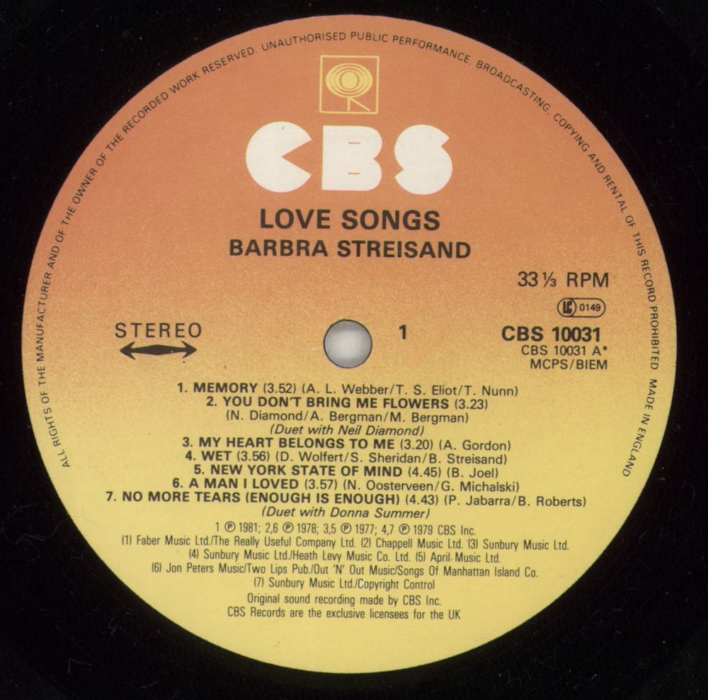 Barbra Streisand Love Songs UK vinyl LP album (LP record) BARLPLO336936
