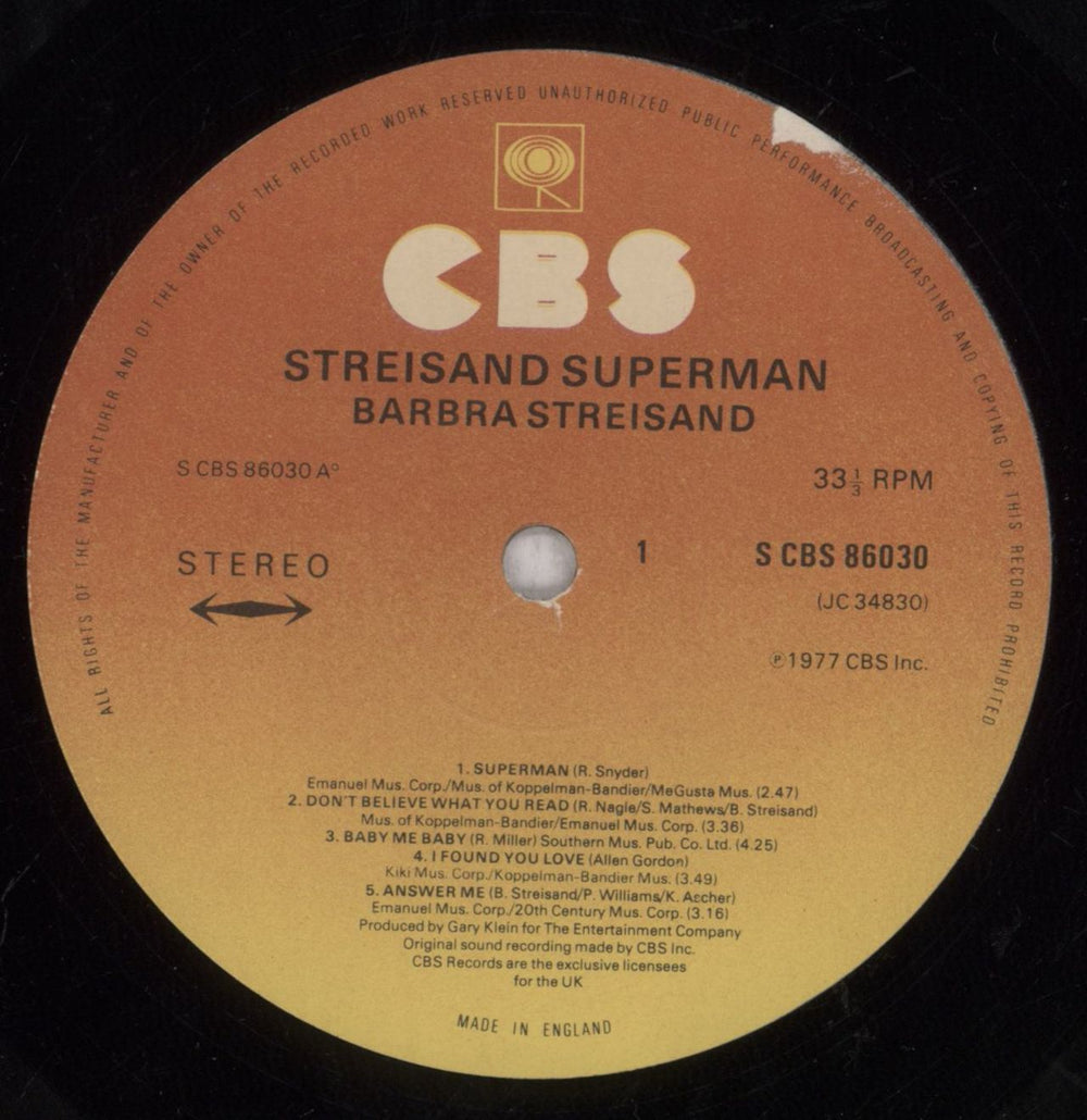 Barbra Streisand Superman UK vinyl LP album (LP record) BARLPSU402075