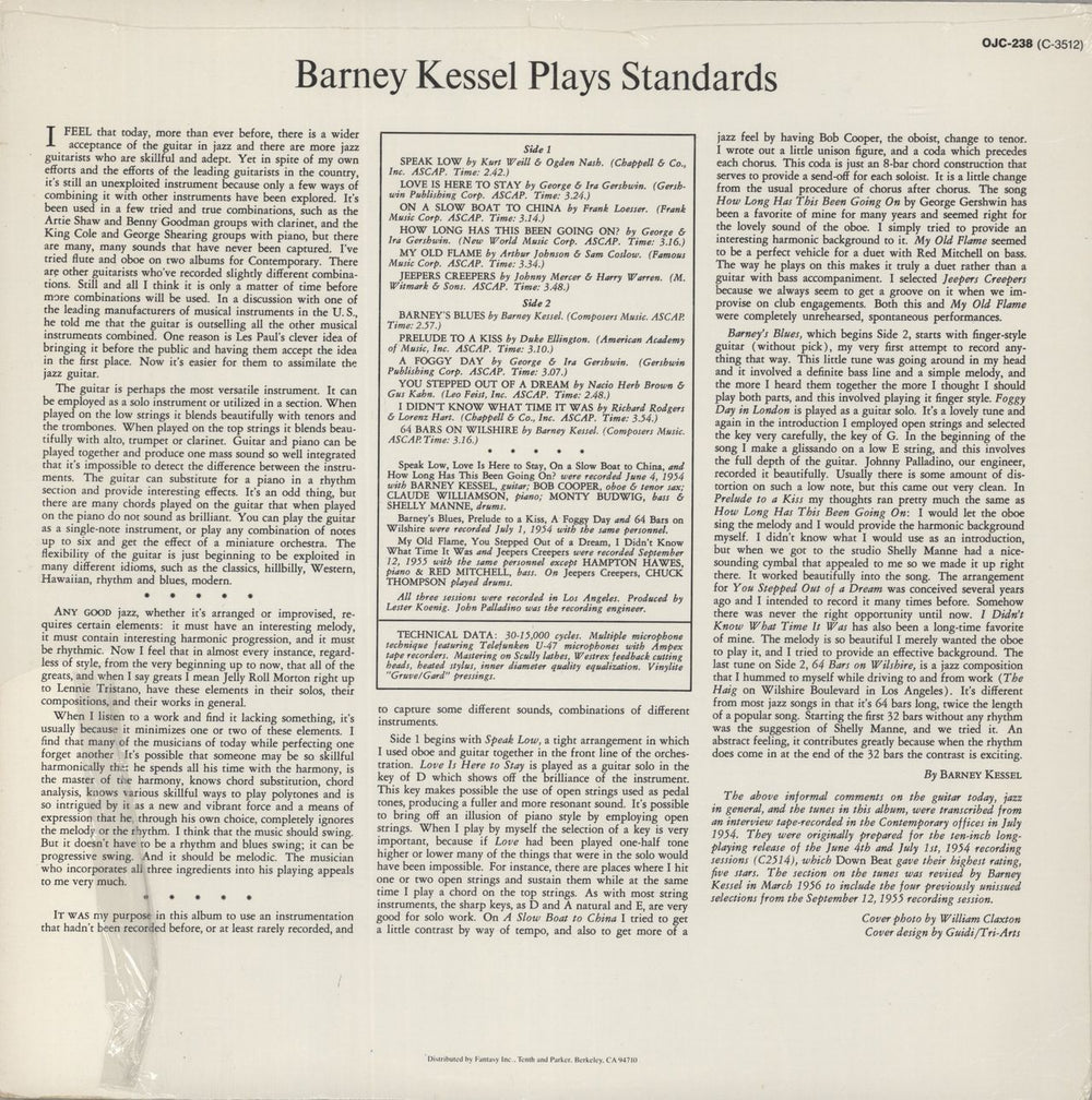 Barney Kessel Kessel Plays Standards US vinyl LP album (LP record)
