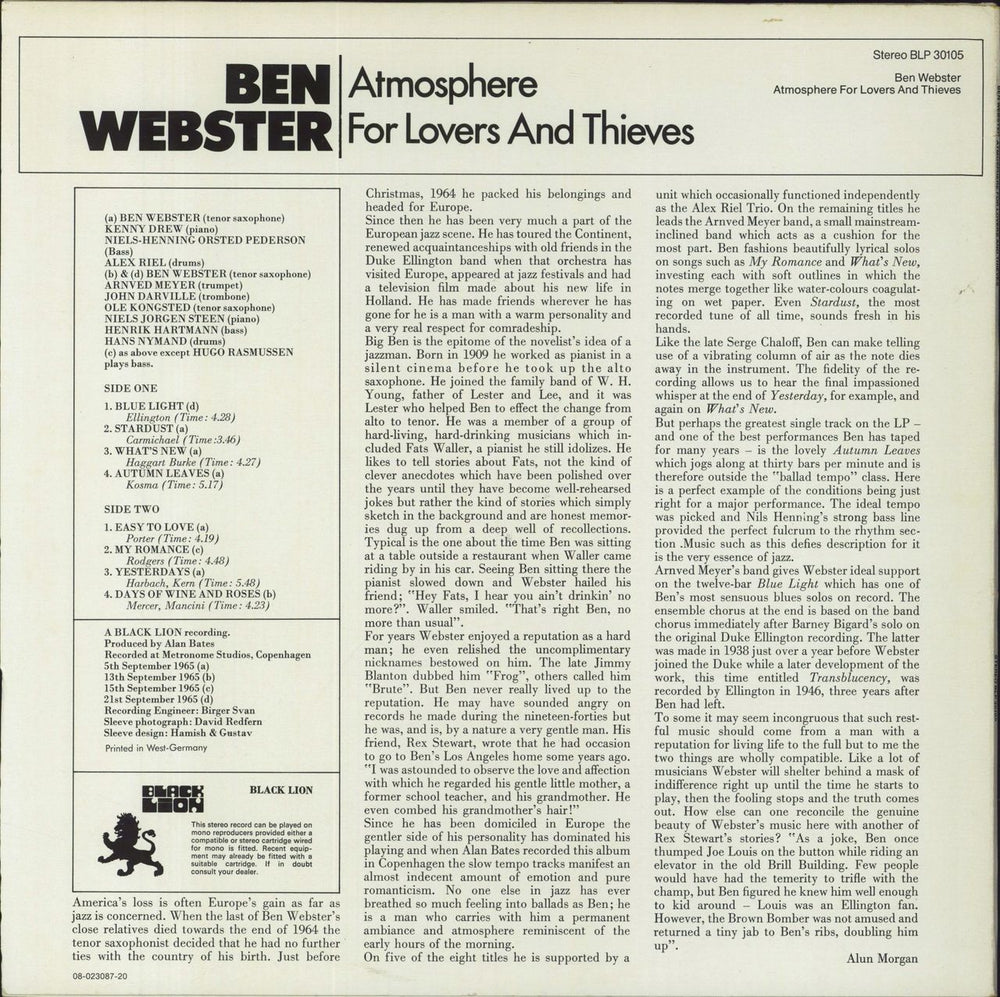 Ben Webster Atmosphere For Lovers And Thieves Dutch vinyl LP album (LP record)