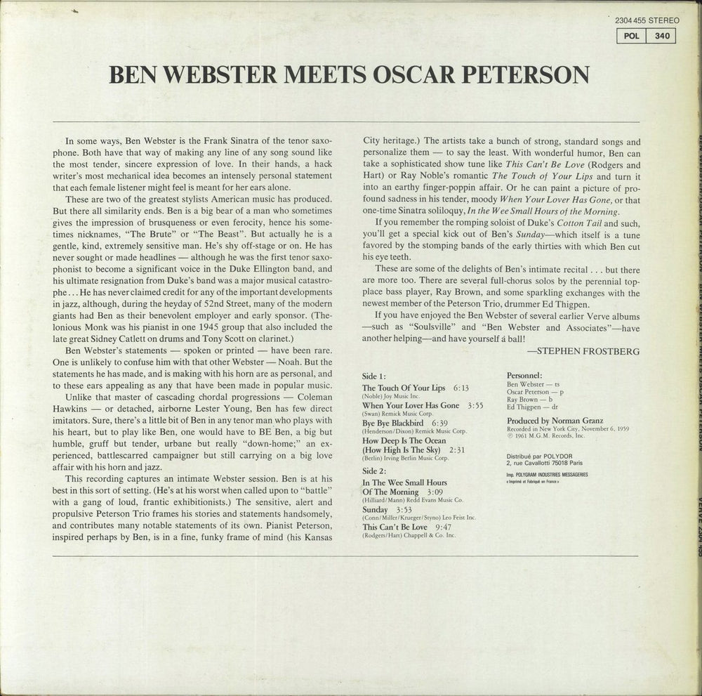 Ben Webster Ben Webster Meets Oscar Peterson French vinyl LP album (LP record)