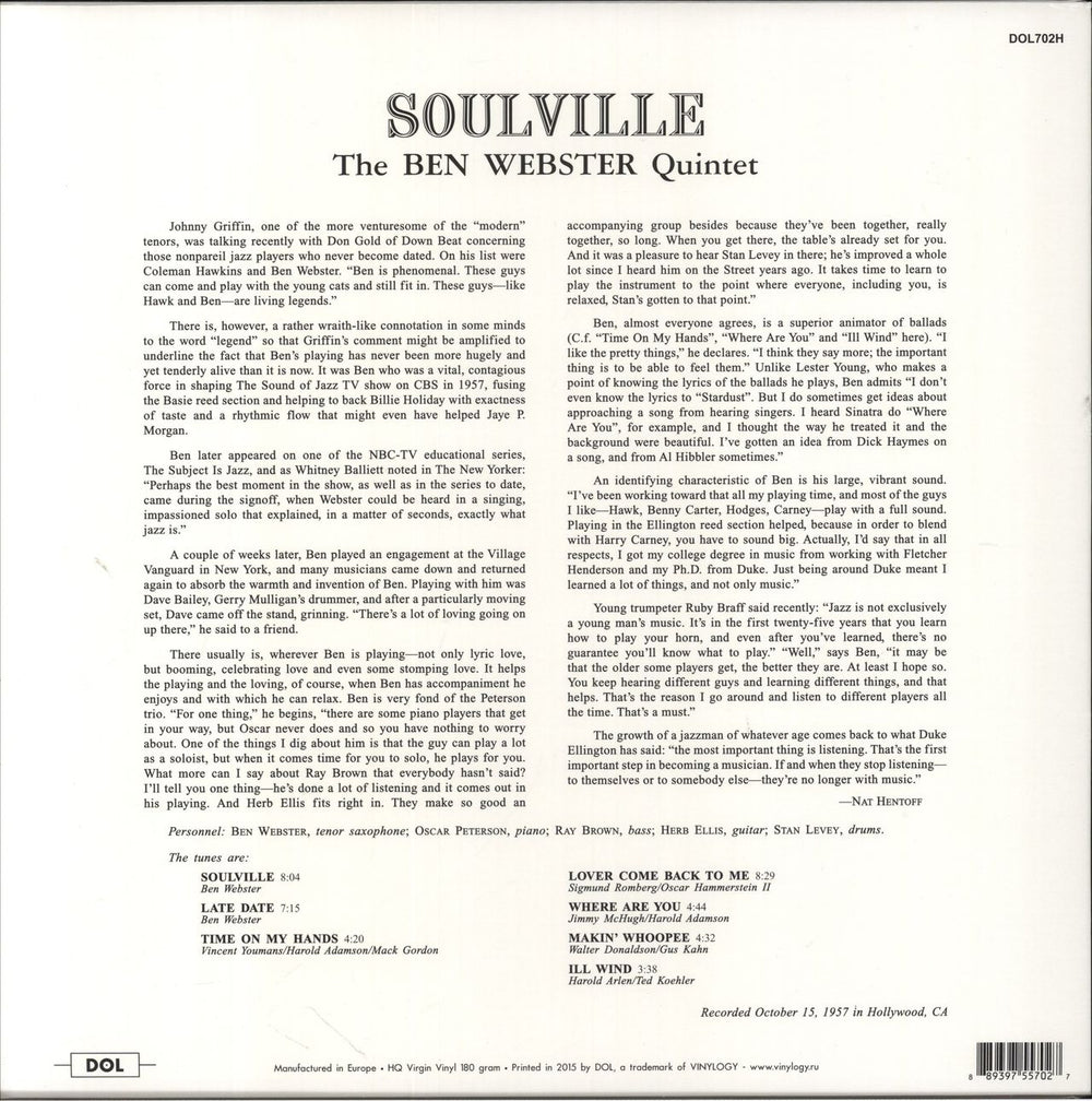 Ben Webster Soulville - 180gm Vinyl UK vinyl LP album (LP record) 889397557027
