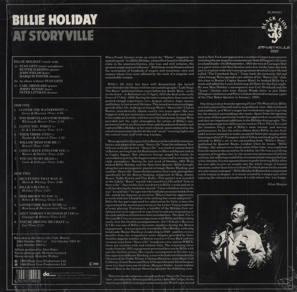 Billie Holiday Billie Holiday At Storyville German vinyl LP album (LP record)