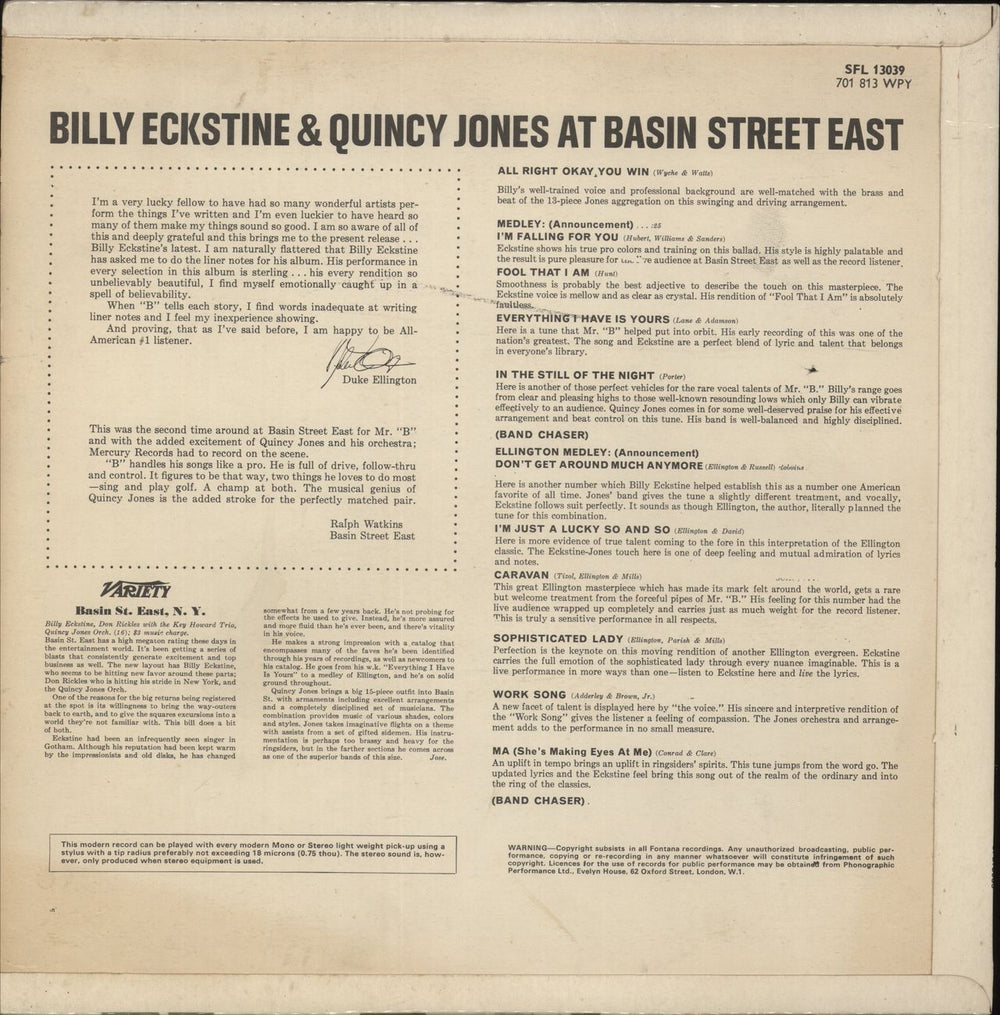 Billy Eckstine At Basin Street East UK vinyl LP album (LP record)
