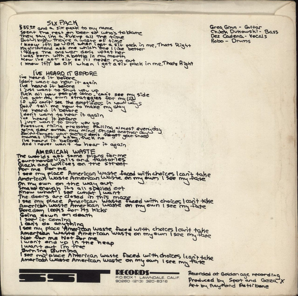 Black Flag Six Pack US 7" vinyl single (7 inch record / 45) 018861000572