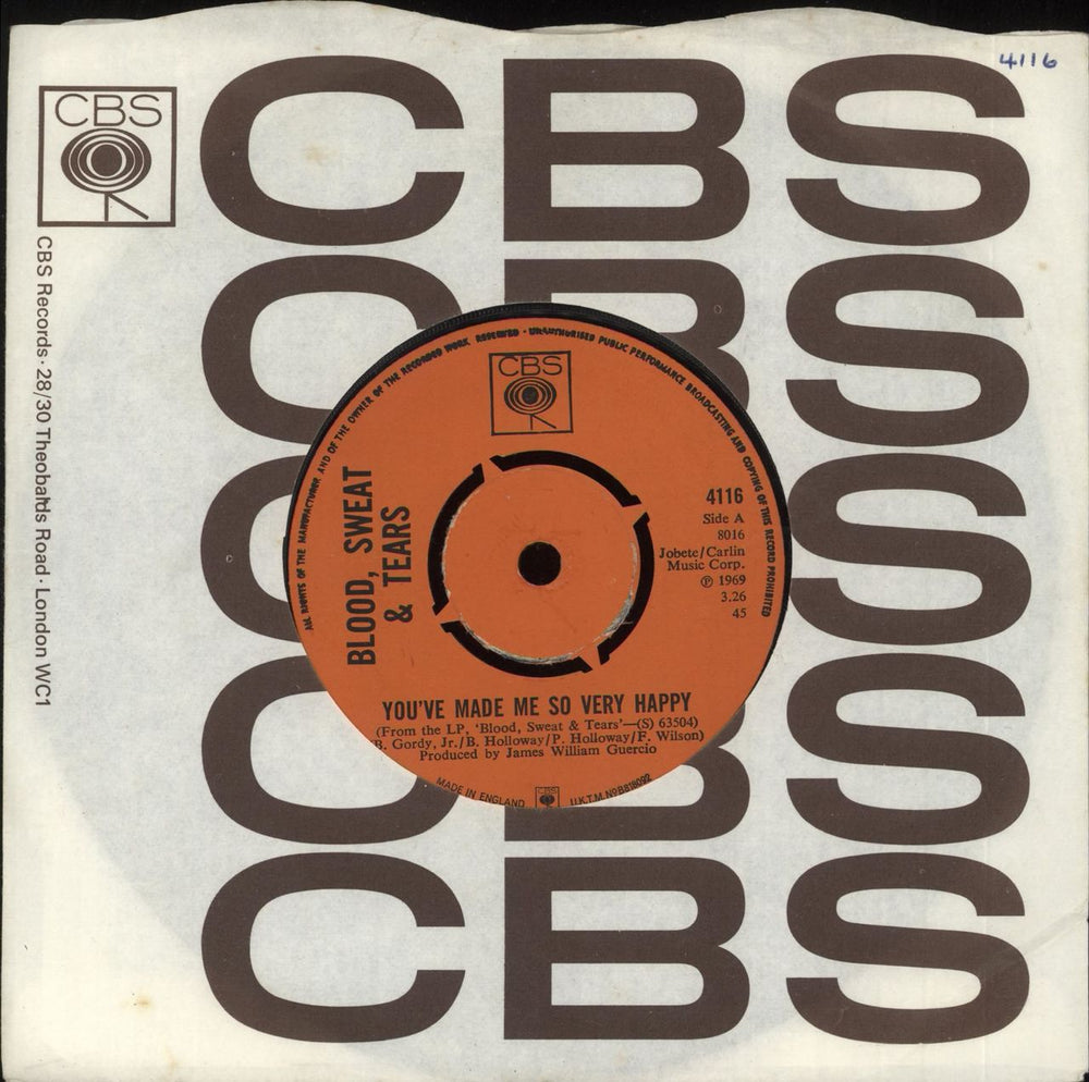 Blood Sweat & Tears You've Made Me So Very Happy UK 7" vinyl single (7 inch record / 45) 4116