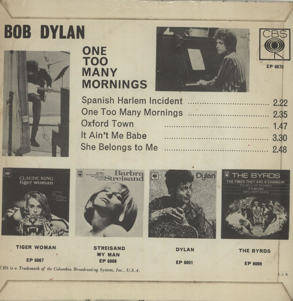 Bob Dylan One Too Many Mornings E.P. - EX UK 7" vinyl single (7 inch record / 45) DYL07ON682440