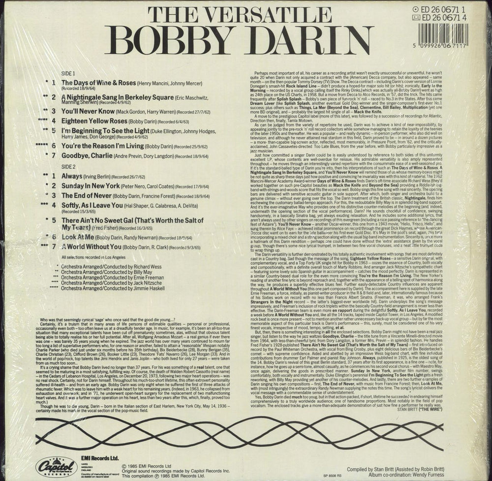 Bobby Darin The Versatile Bobby Darin UK vinyl LP album (LP record) 5099926067117