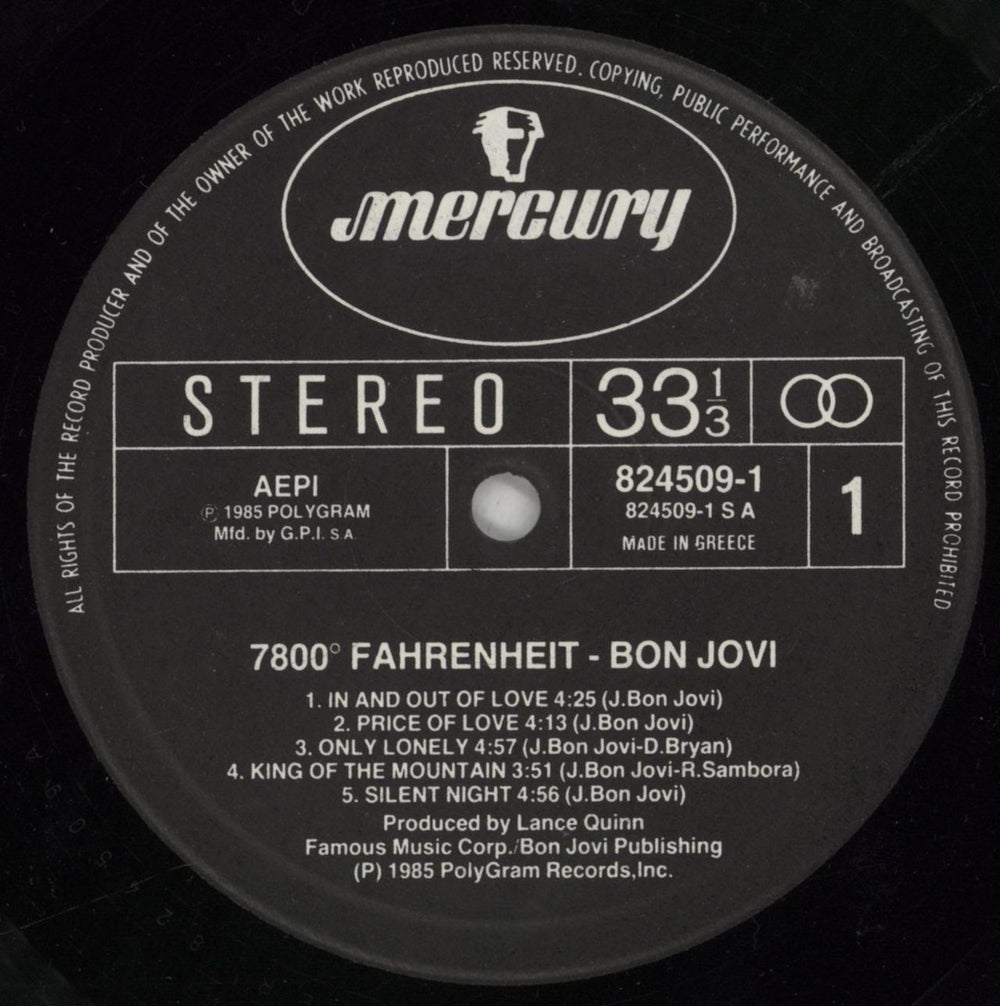 Bon Jovi 7800° Fahrenheit Greek vinyl LP album (LP record) BONLPFA851887