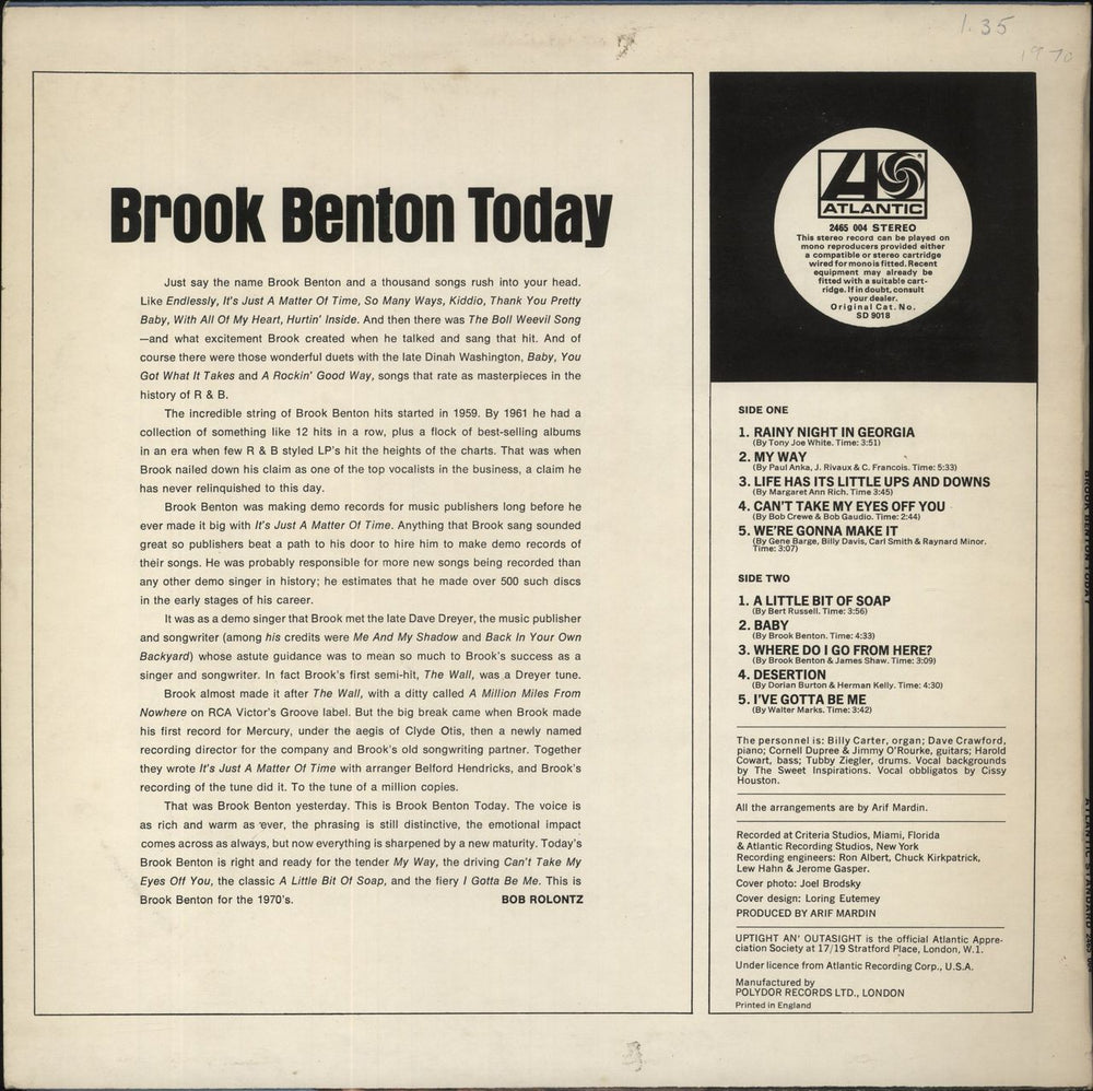 Brook Benton Brook Benton Today UK vinyl LP album (LP record)