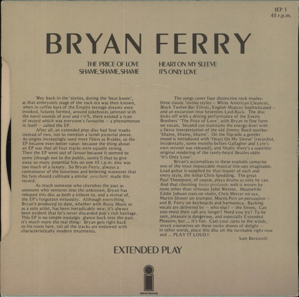 Bryan Ferry Extended Play - Picture sleeve UK 7" vinyl single (7 inch record / 45)