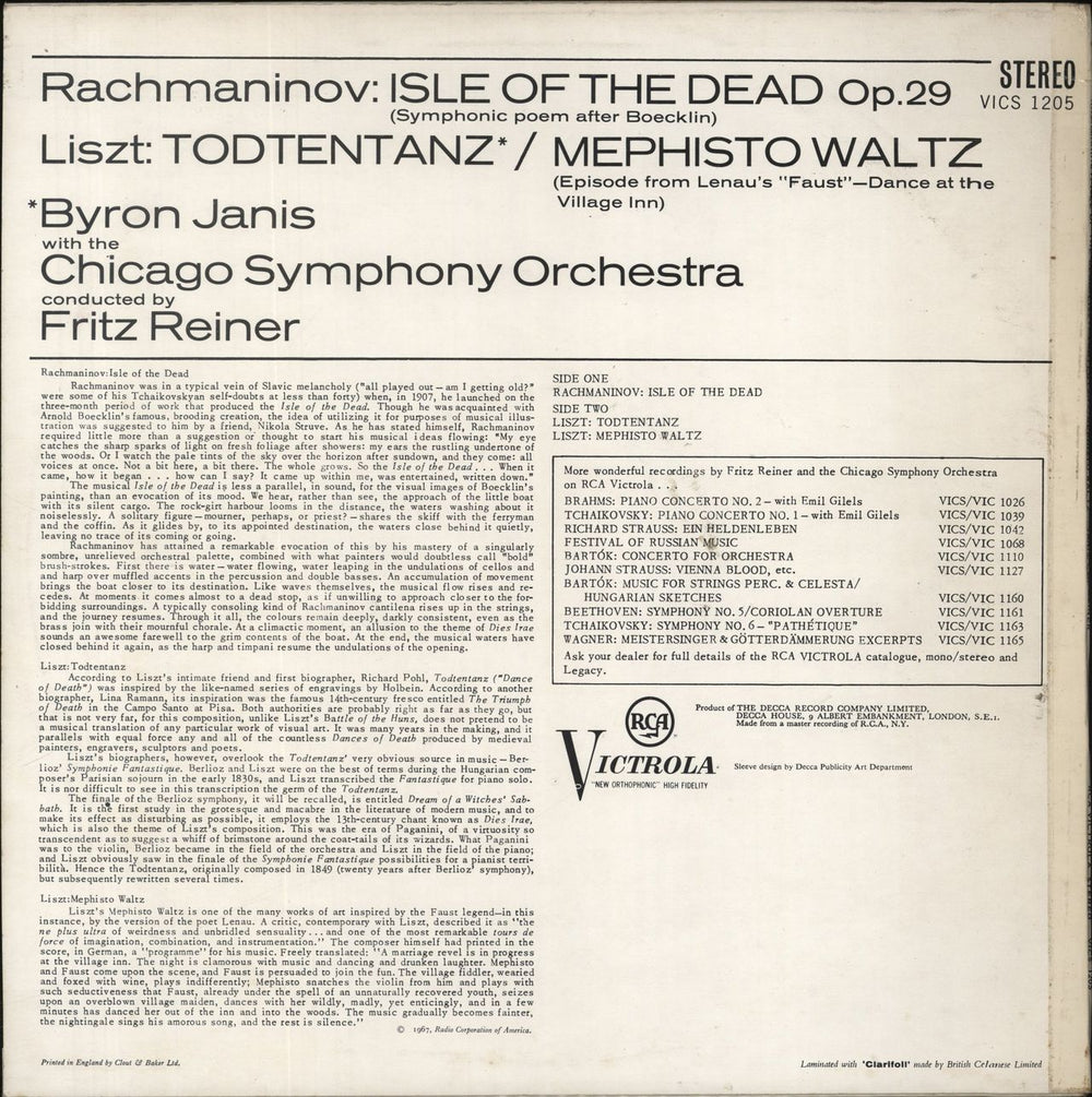 Byron Janis Rachmaninov: Isle Of The Dead / Liszt: Todtentanz / Mephisto Waltz UK vinyl LP album (LP record)