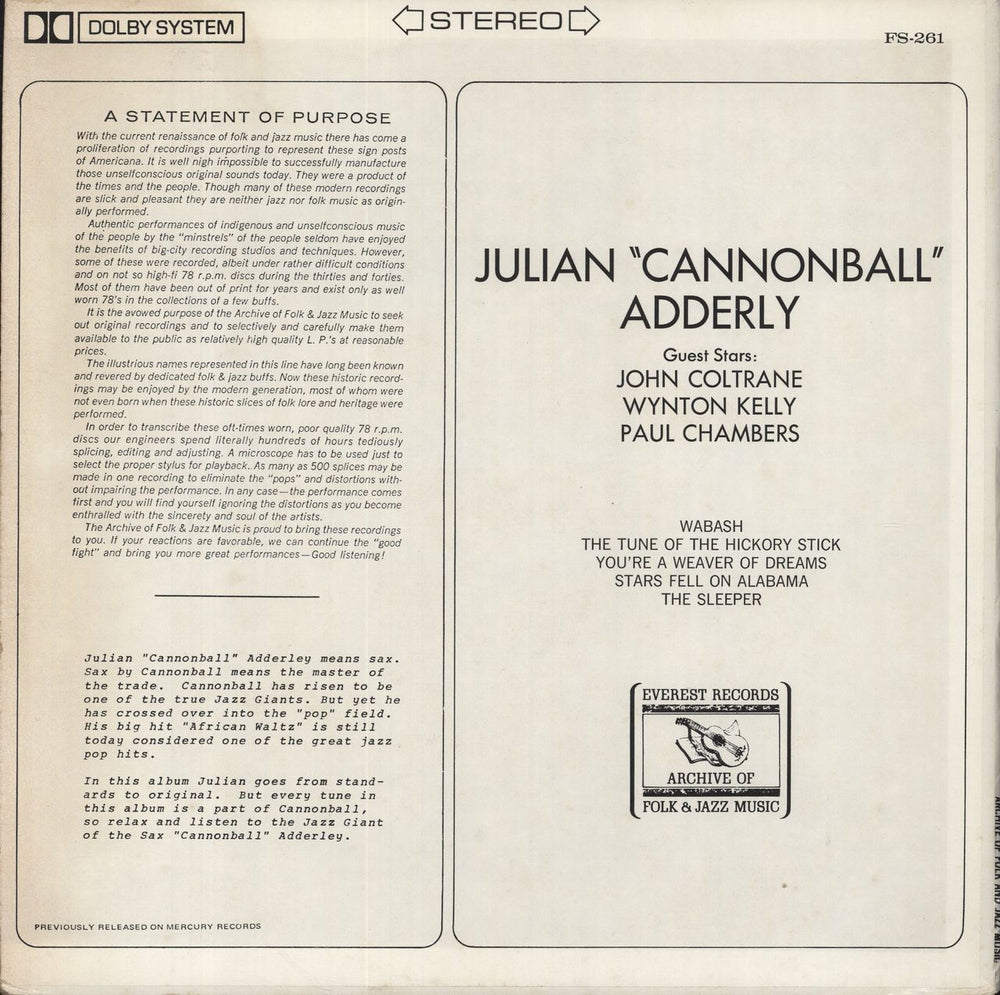 Cannonball Adderley Julian "Cannonball" Adderly US vinyl LP album (LP record)