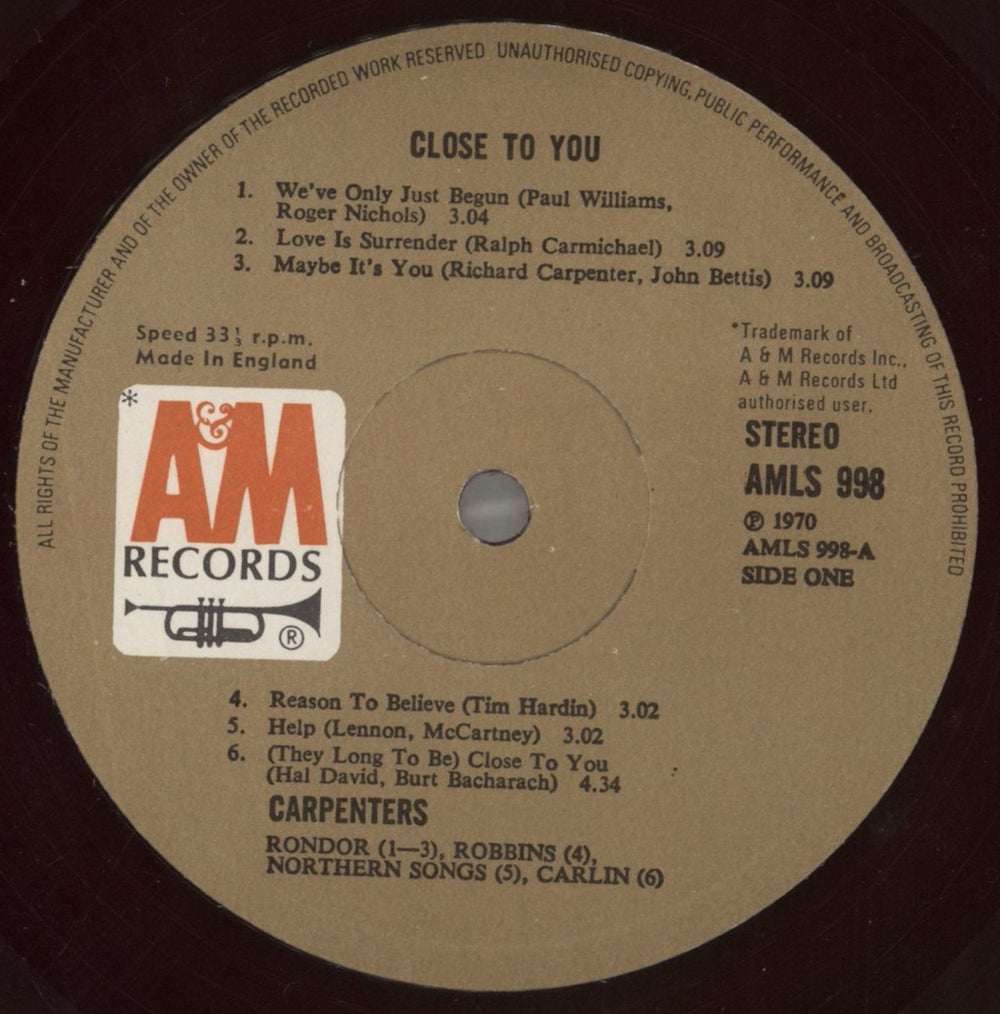 Carpenters Close To You - 1st - Brown Vinyl - EX UK vinyl LP album (LP record) CRPLPCL858943