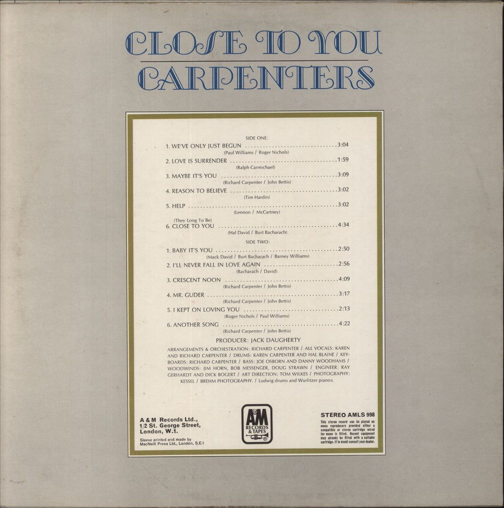 Carpenters Close To You - 1st - Red Vinyl UK vinyl LP album (LP record)