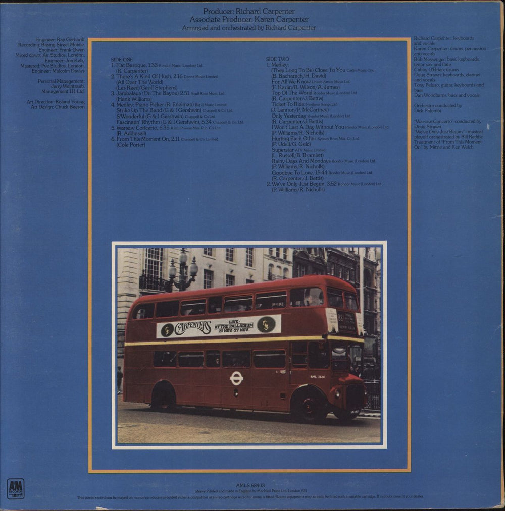 Carpenters Live At The Palladium UK vinyl LP album (LP record)