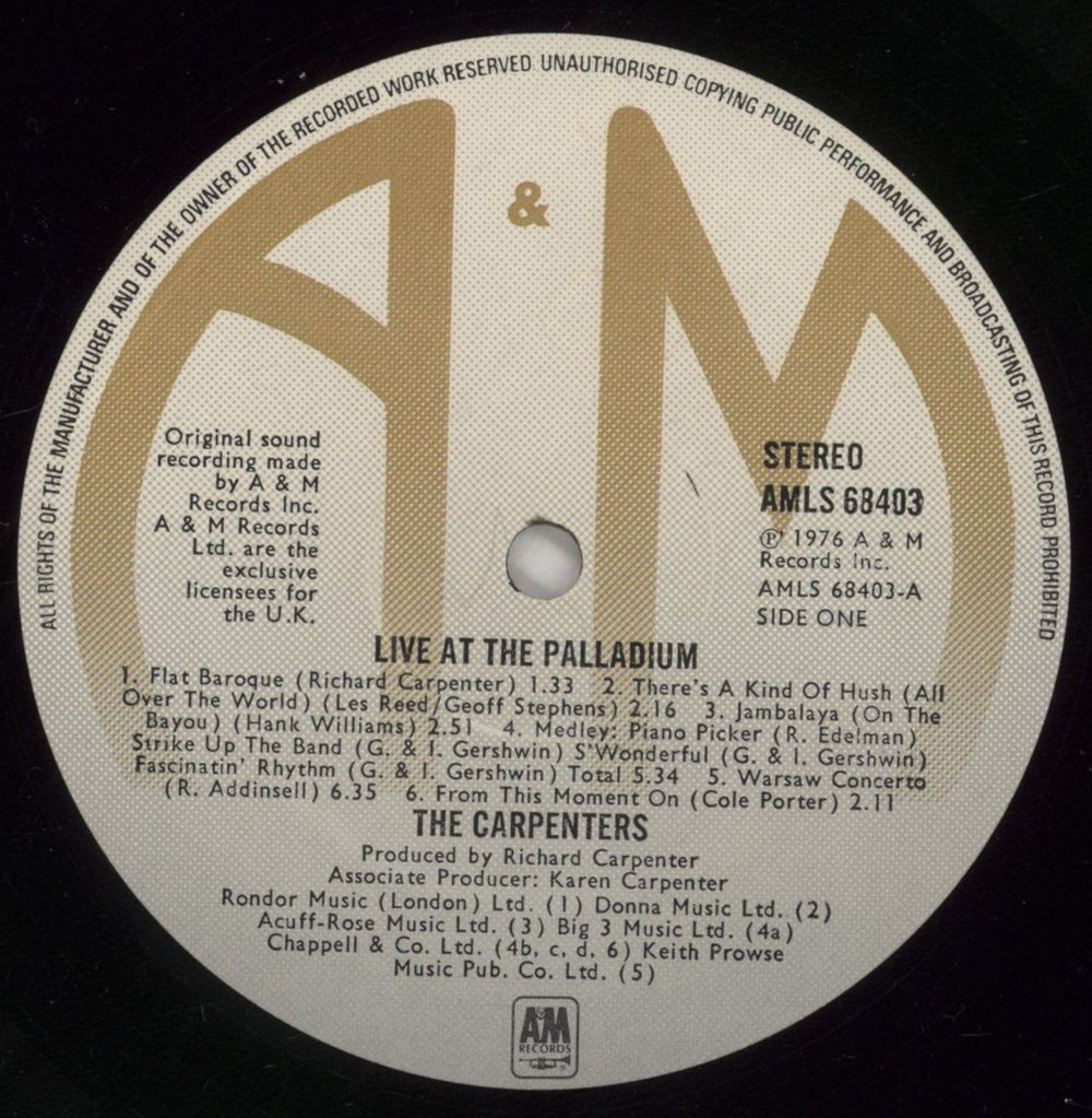 Carpenters Live At The Palladium UK vinyl LP album (LP record) CRPLPLI447306