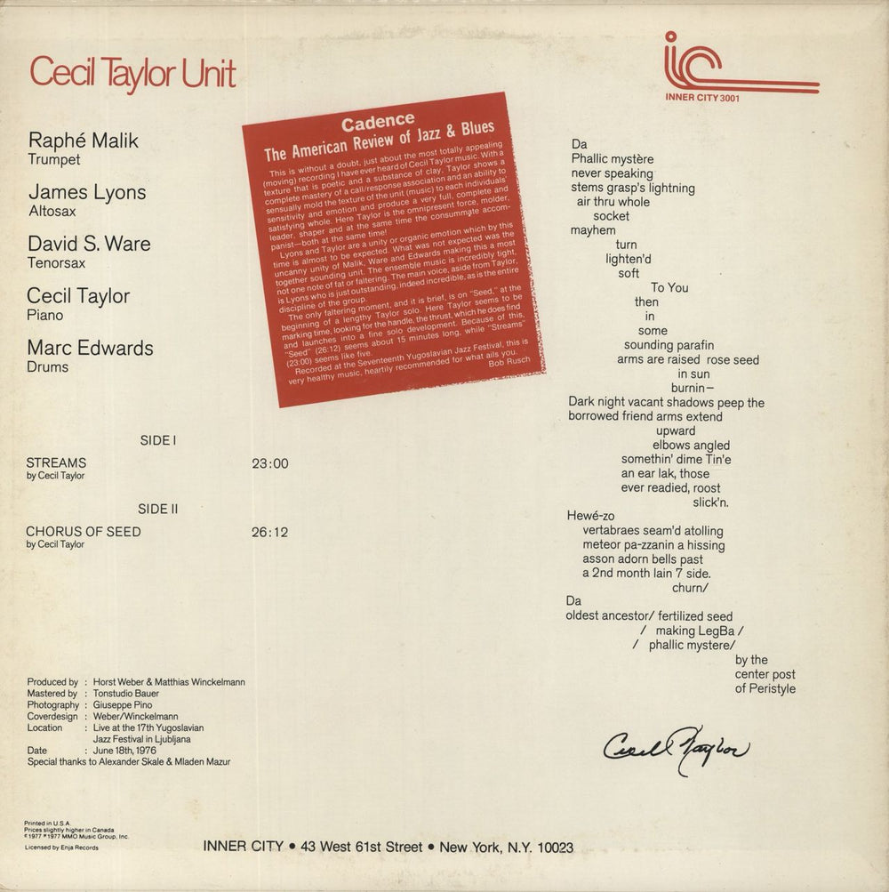 Cecil Taylor Dark To Themselves US vinyl LP album (LP record)