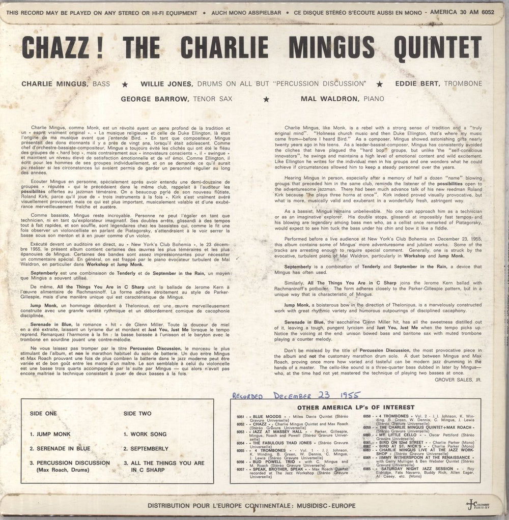 Charles Mingus Chazz! French vinyl LP album (LP record)