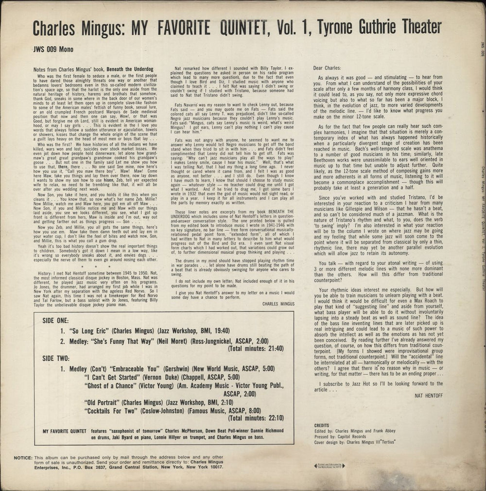 Charles Mingus My Favorite Quintet - VG US vinyl LP album (LP record)