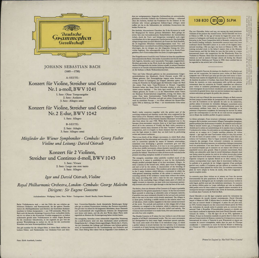 David & Igor Oïstrakh Bach: Violin Concertos in A Minor & E Major / Double Violin Concerto in D Minor UK vinyl LP album (LP record)