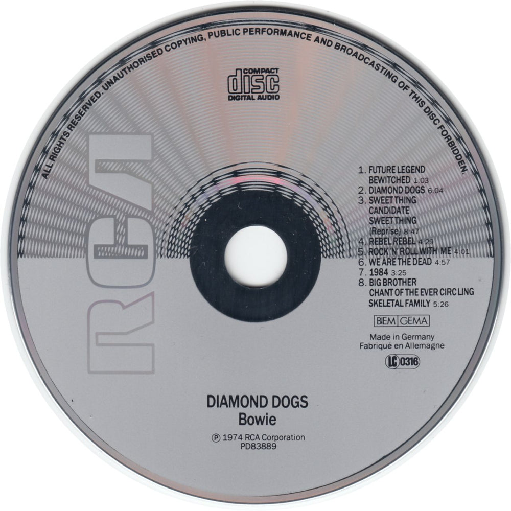 David Bowie Diamond Dogs - Withdrawn UK CD album (CDLP) 035628388926