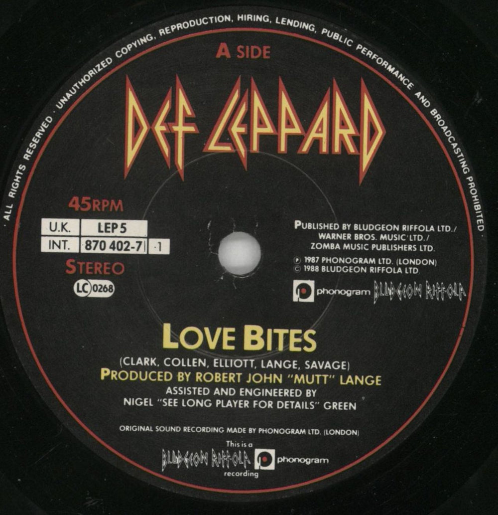 Def Leppard Love Bites UK 7" vinyl single (7 inch record / 45) DEF07LO16231