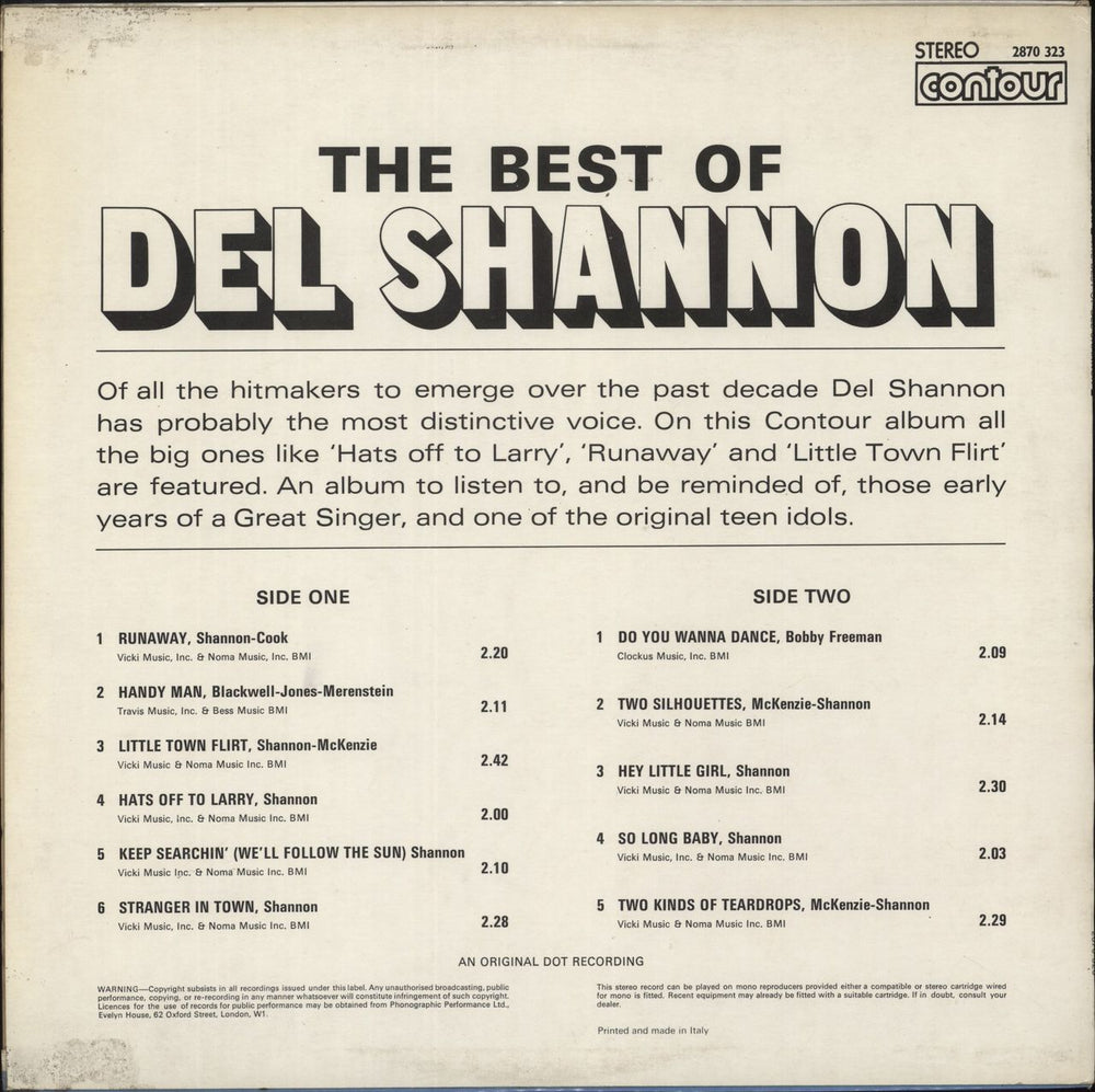Del Shannon The Best Of Del Shannon UK vinyl LP album (LP record)