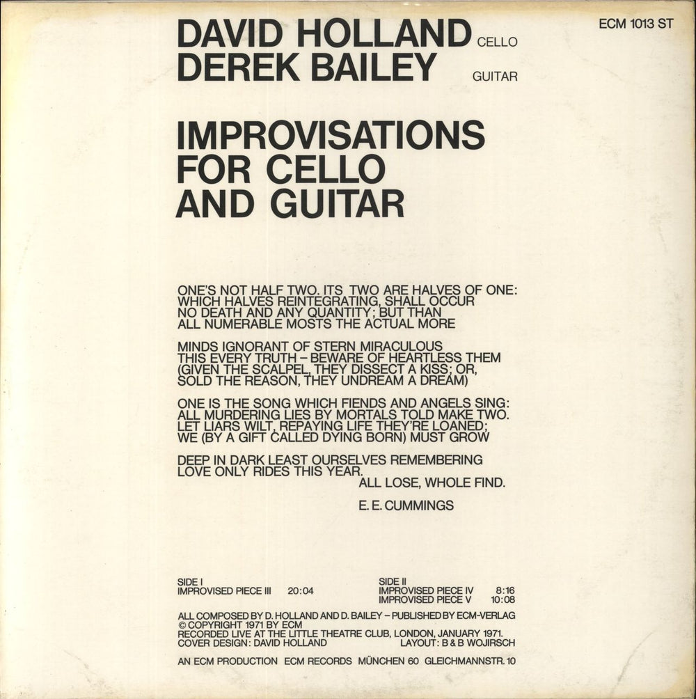 Derek Bailey Improvisations For Cello And Guitar German vinyl LP album (LP record)