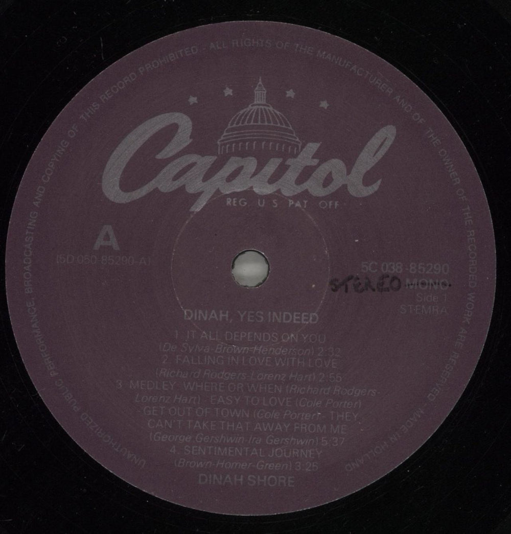 Dinah Shore Dinah, Yes Indeed! UK vinyl LP album (LP record) D~SLPDI879845