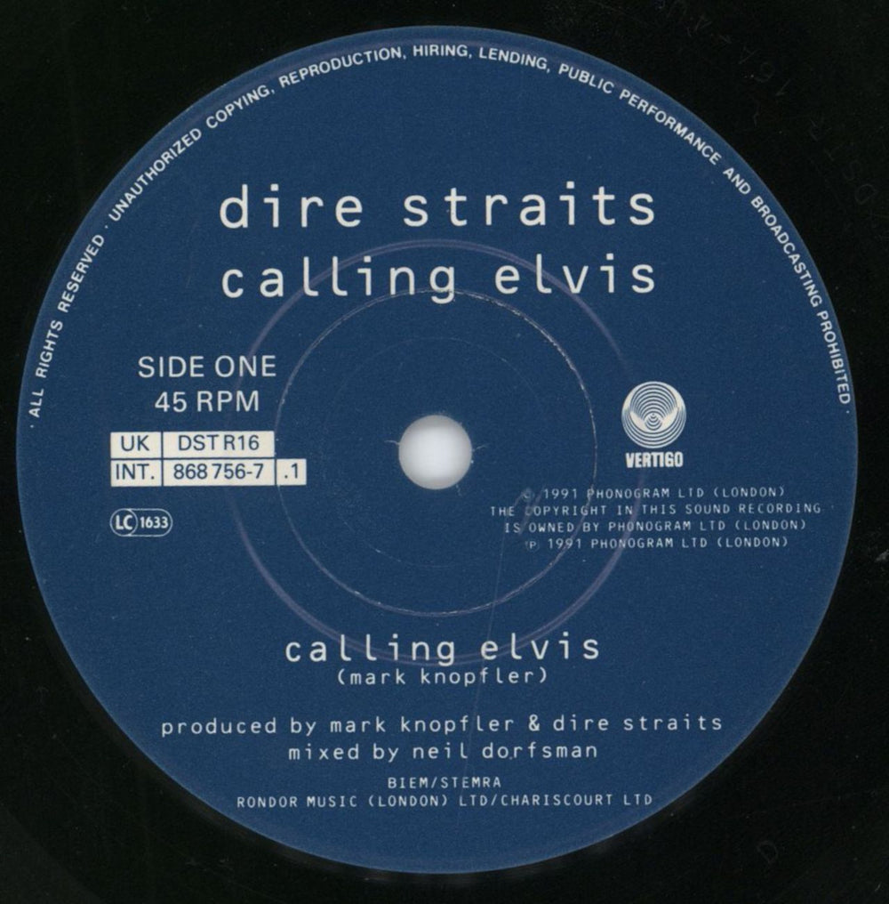 Dire Straits Calling Elvis UK 7" vinyl single (7 inch record / 45) DIR07CA798911