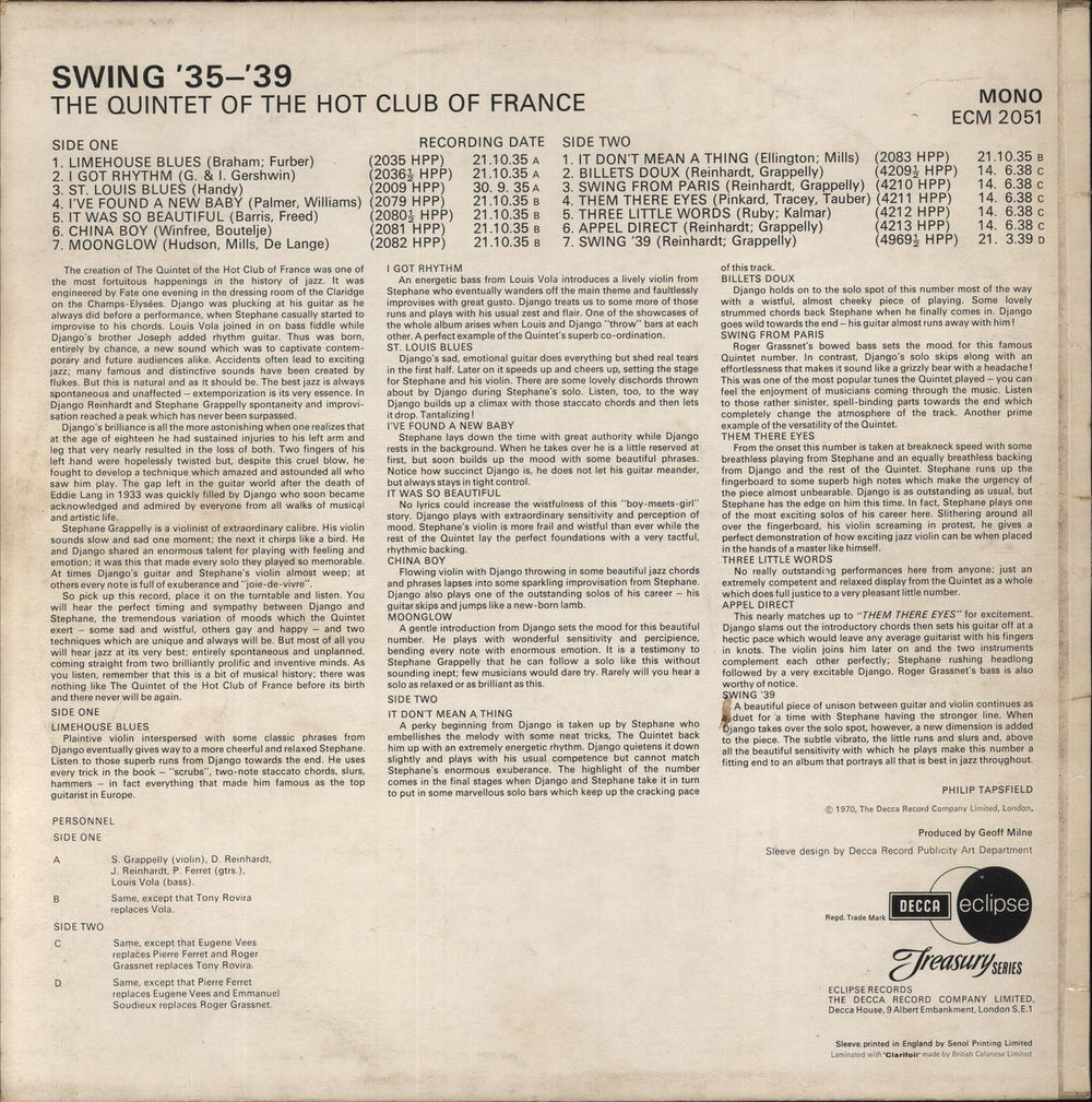 Django Reinhardt & Stéphane Grappelli Swing '35-'39 UK vinyl LP album (LP record)