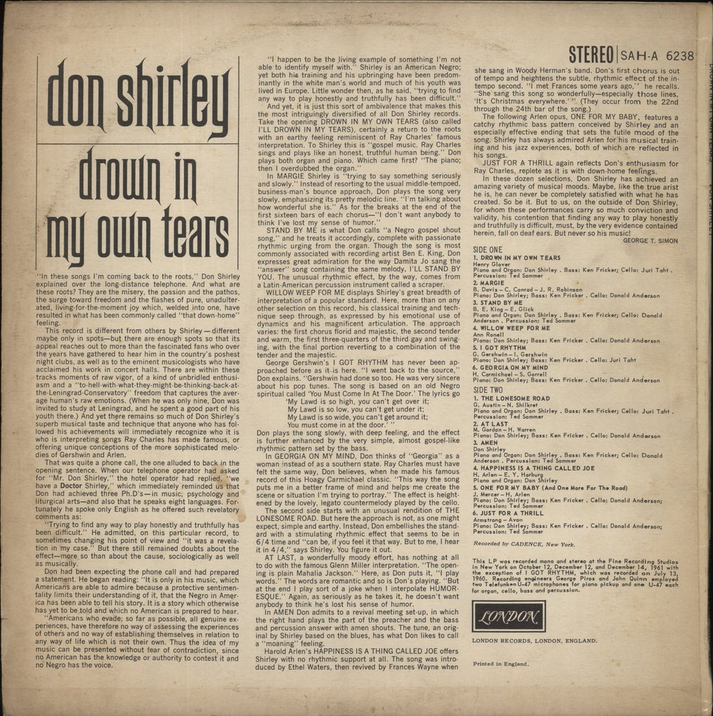 Don Shirley Drown In My Own Tears UK vinyl LP album (LP record)