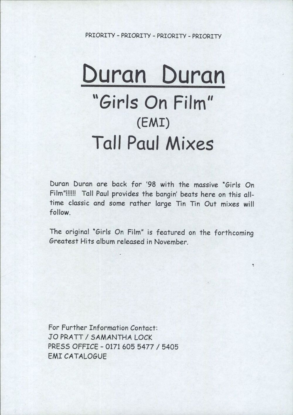 Duran Duran Girls On Film UK Promo 12" vinyl single (12 inch record / Maxi-single)