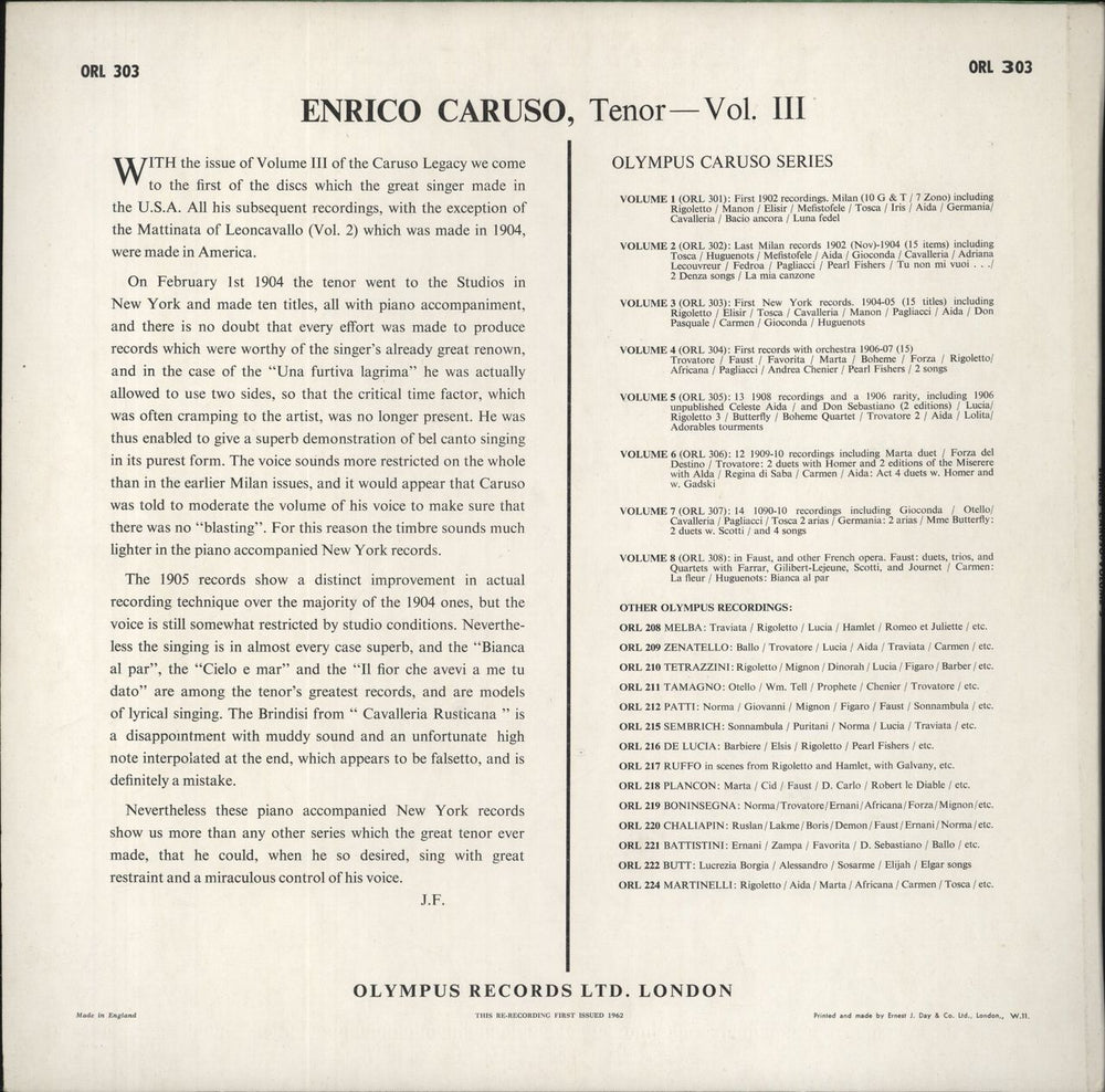 Enrico Caruso Enrico Caruso Volume 3 - The First New York Recordings 1904/1905 UK vinyl LP album (LP record)