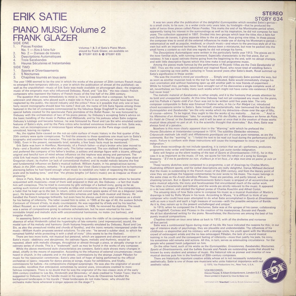 Erik Satie Satie: Piano Music Volume 2 UK vinyl LP album (LP record)